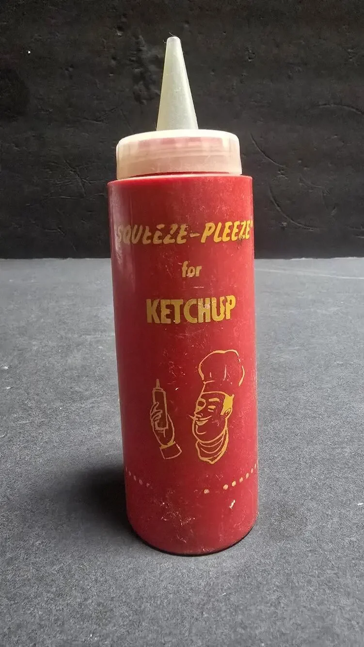 Vintage Squeeze-Pleeze Ketchup Dispenser Red Plastic Squeeze Bottle Diner Chef